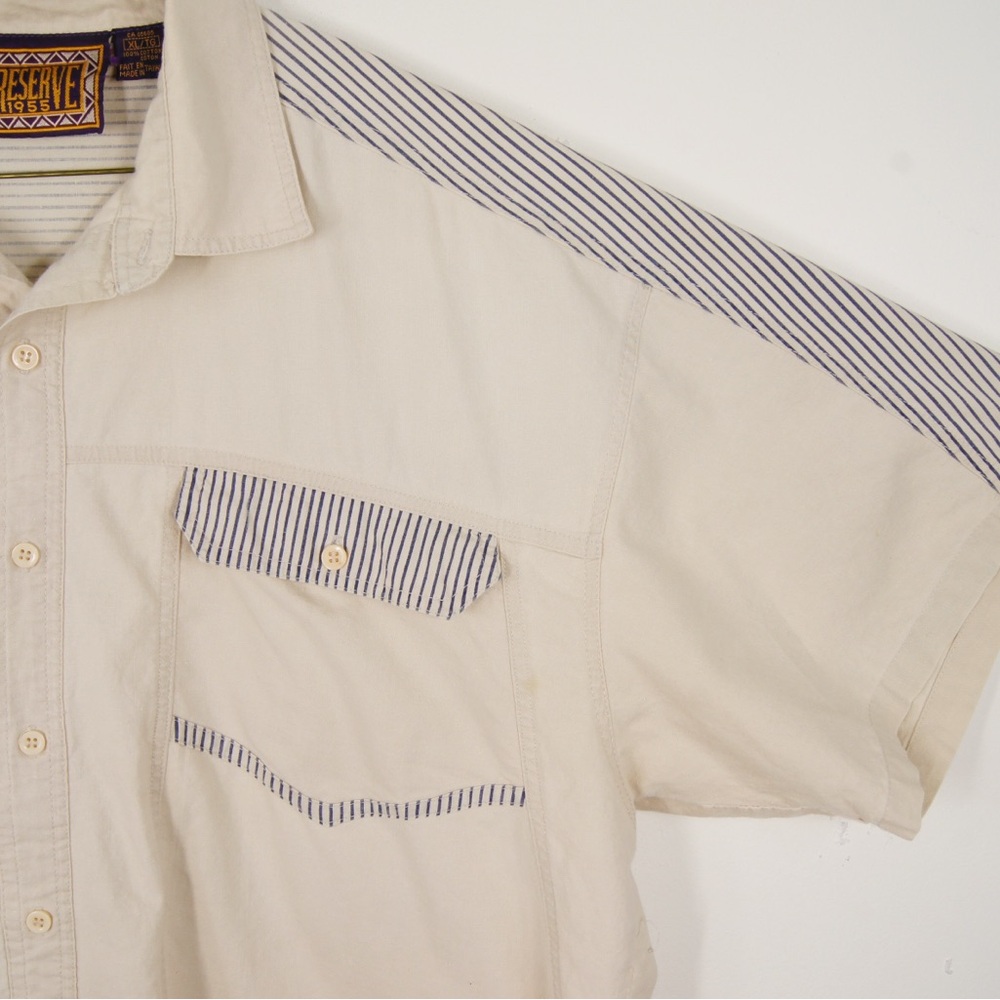 Vintage 90s Light Khaki Western Beige Blue Stripe Short Sleeve Button Up Shirt - Picture 2 of 4